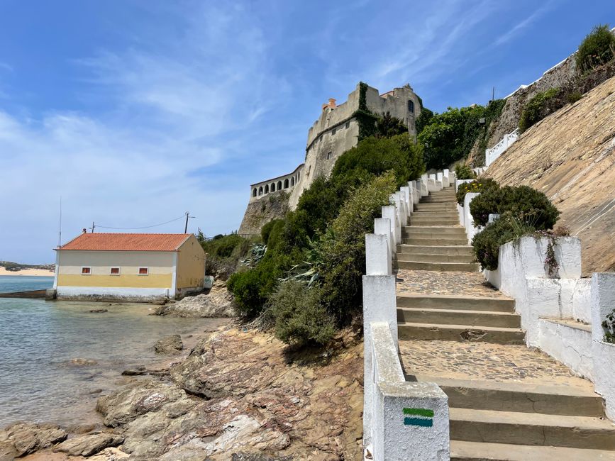 Explore a beautiful coastal pathway leading to a historic castle overlooking the sea.